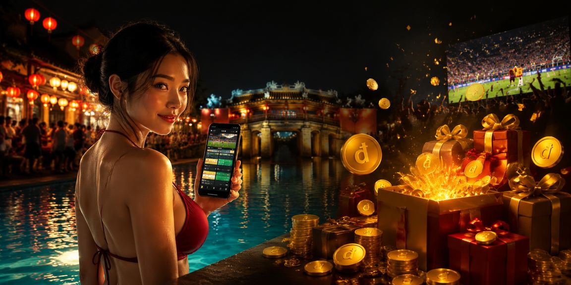 Khung cảnh chợ đêm Hội An với người dùng sử dụng ứng dụng casino trên điện thoại