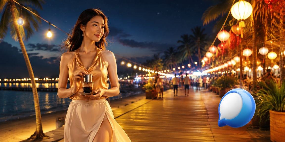Không gian cà phê sang trọng tại Phú Quốc, người dùng VIP thư giãn và kiểm tra thông tin xổ số jackpot